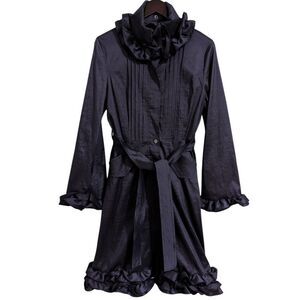 Belle Fare Purple Ruffled Trench Coat Belted with Leopard Lining Women's Medium